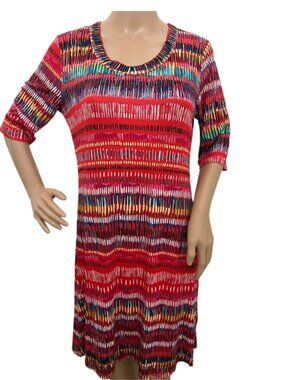 Investments Petites Vibrant Red Dress with Multi-Color Stripes Stretch Dress -PM
